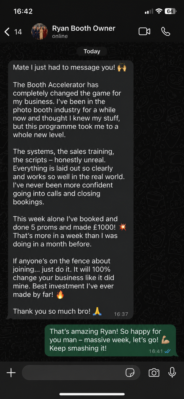 WhatsApp message from member Ryan reporting £1000 booked in one week