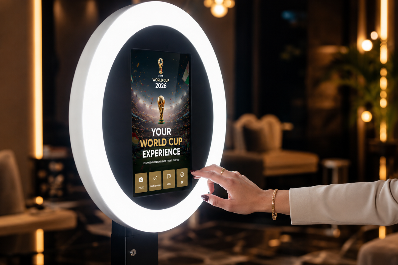 Ring-light photo booth showing a FIFA World Cup 2026 experience screen
