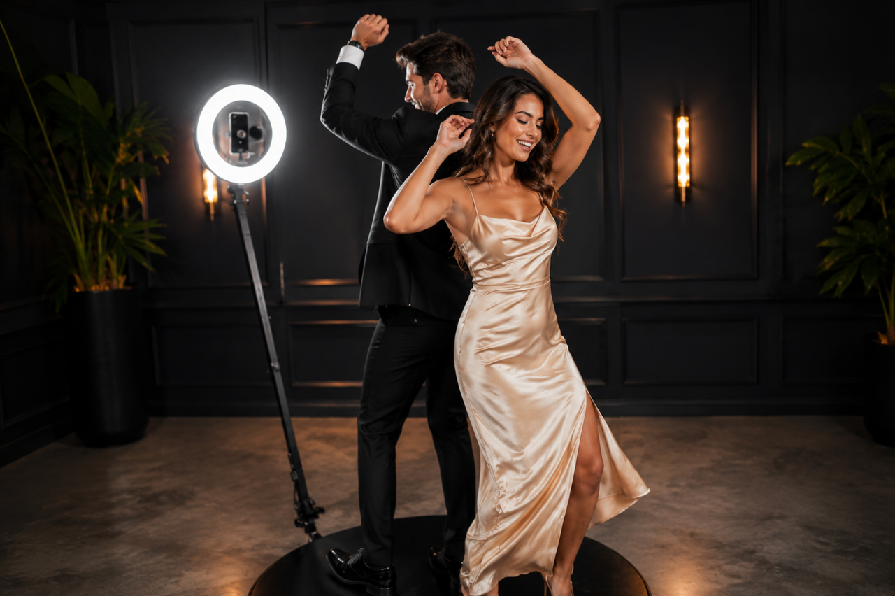 Couple dancing on a 360 photo booth platform