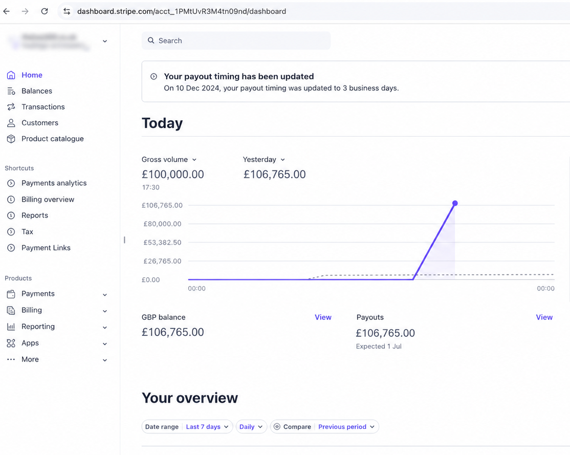 Stripe payout dashboard showing £106,765 balance