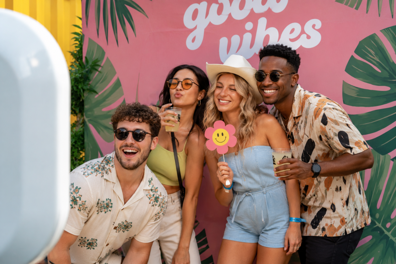 Friends having fun at a photo booth with good vibes backdrop